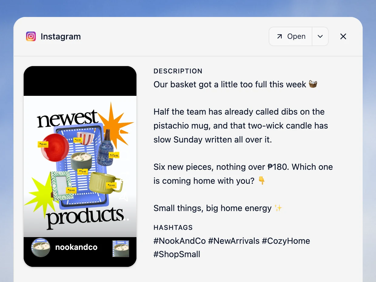 Velocity Instagram preview of a homeware shop post with a warm caption about the pistachio mug and two-wick candle in the photo