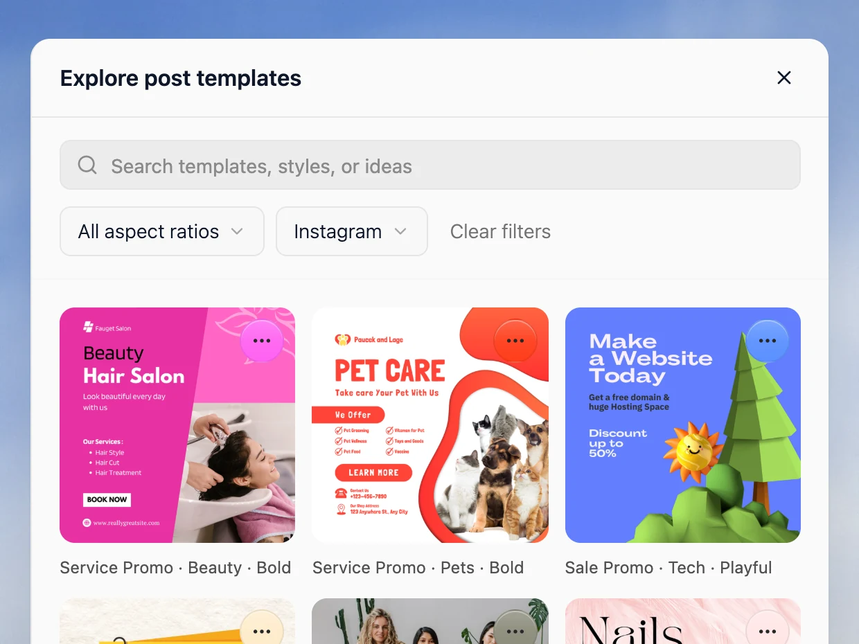 Velocity template browser filtered to Instagram, showing hair salon, pet care and website templates
