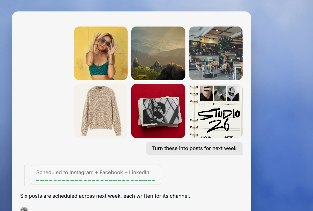 Product photos uploaded in Velocity chat and turned into scheduled posts for several platforms
