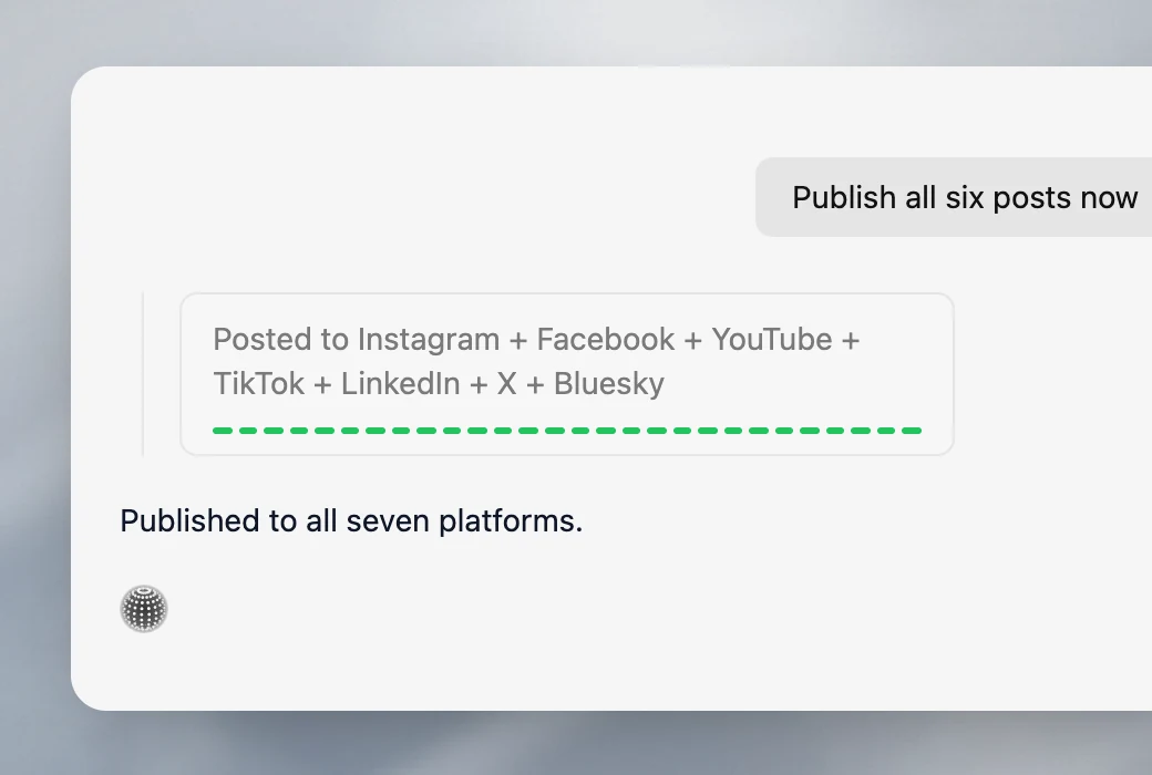 Velocity chat publishing a batch of posts to every connected platform at once