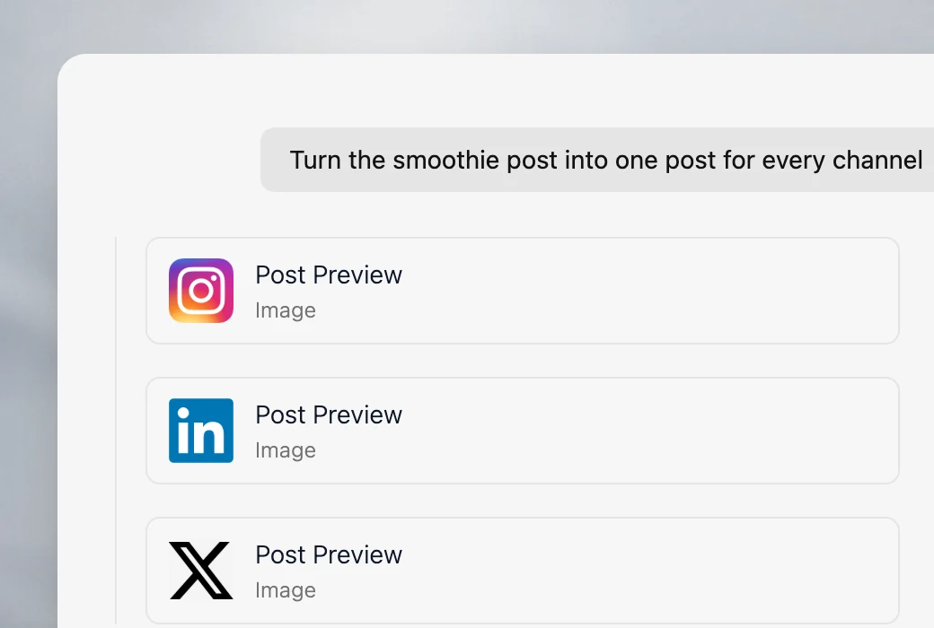 Velocity chat publishing one post to Instagram, TikTok, LinkedIn and X, each platform marked complete