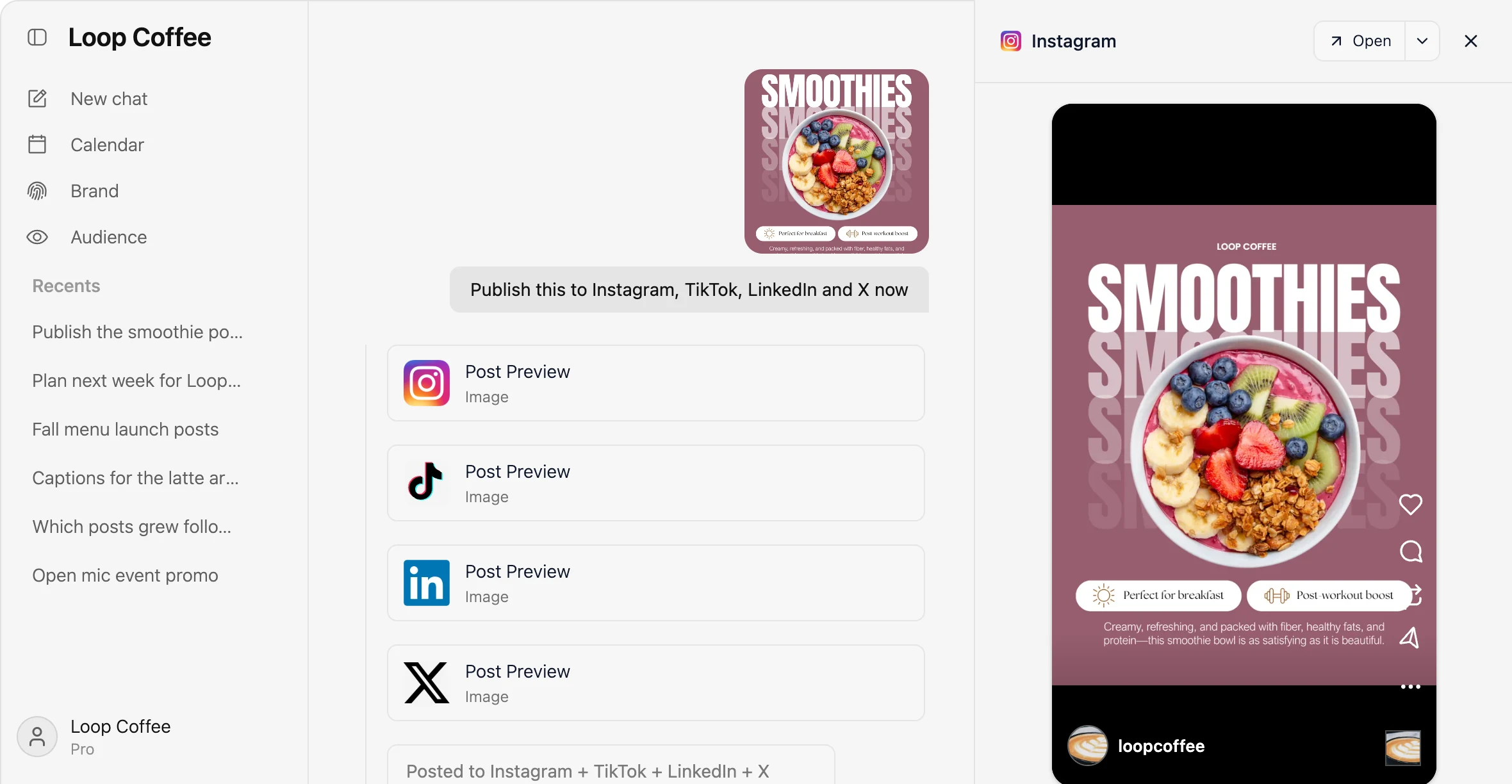 Velocity chat publishing one post to Instagram, TikTok, LinkedIn and X, with the Instagram preview open beside it