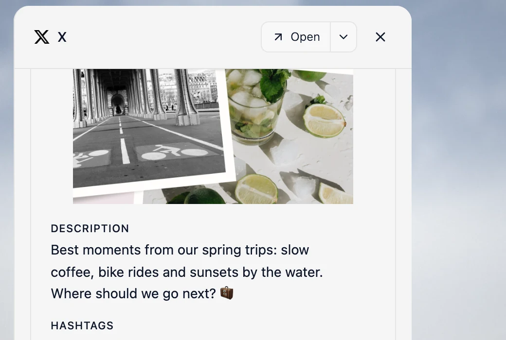 Velocity's X preview of a travel post formatted for X, with its caption below