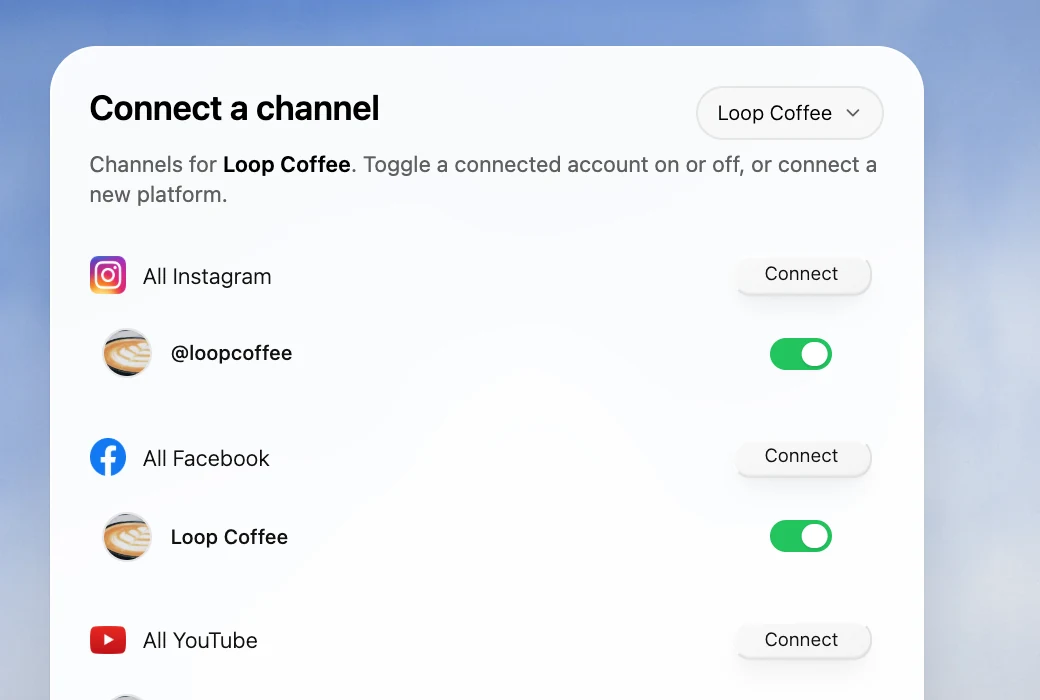 Velocity's connected accounts page with Instagram, Facebook, YouTube, TikTok, LinkedIn, X and Bluesky
