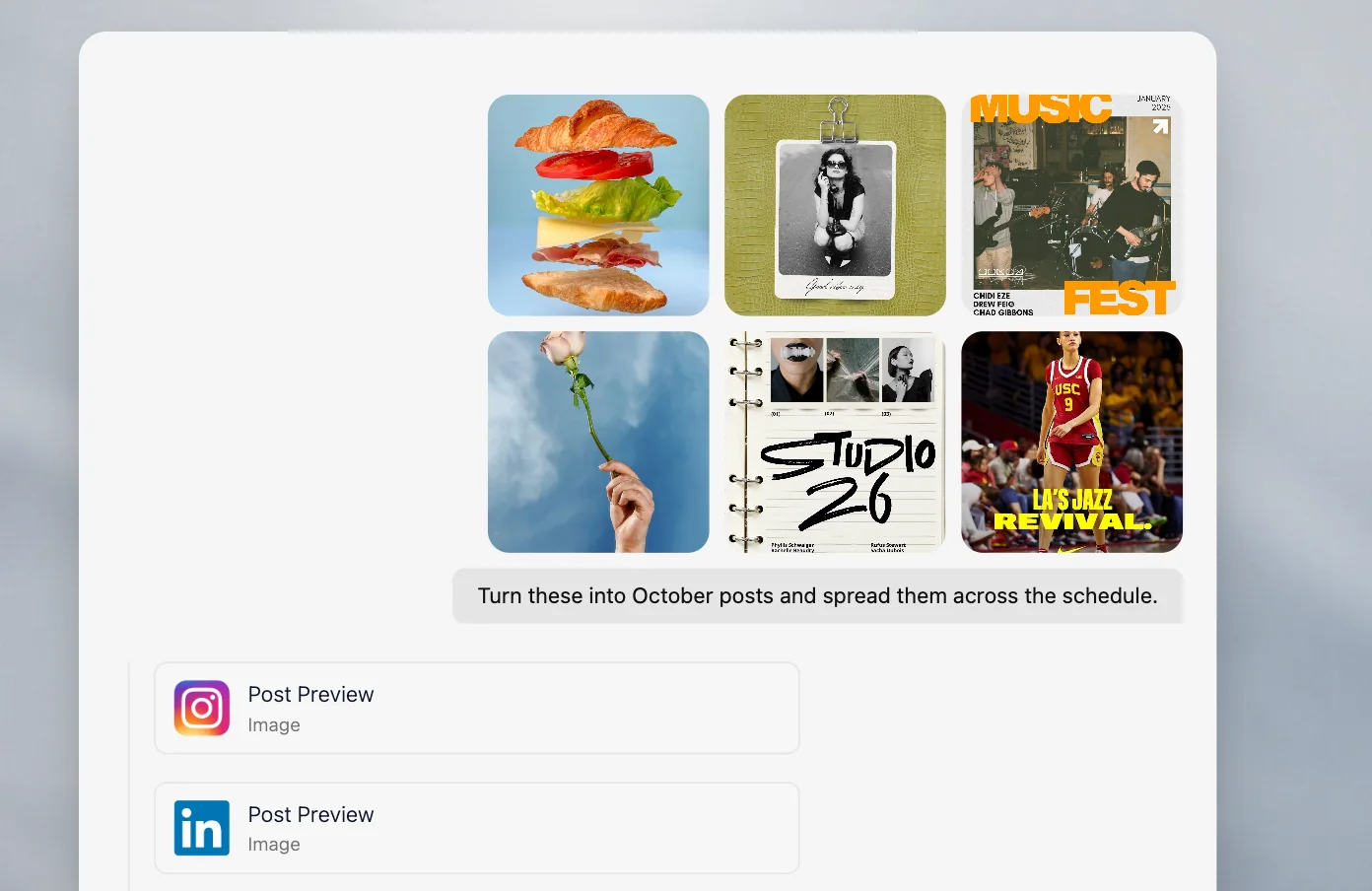 Six product images uploaded in Velocity chat and turned into Instagram and LinkedIn post previews