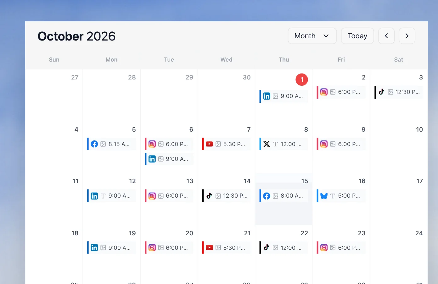 Velocity's month calendar with posts scheduled across several social platforms