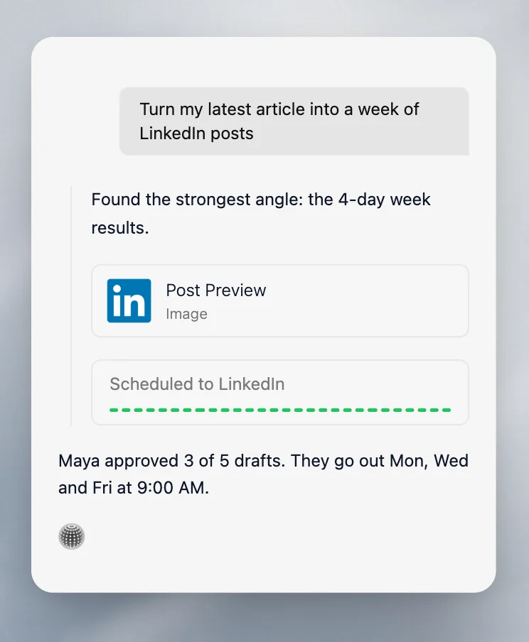 Velocity agent turning an article into LinkedIn drafts, requesting review and scheduling the approved posts