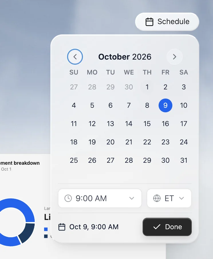 Velocity schedule picker set to 9:00 AM Eastern time above an engagement breakdown chart